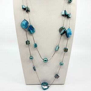 Vintage Silver Tone Long Layered Necklace Teal Blue Green Faux Shell Bead Boho